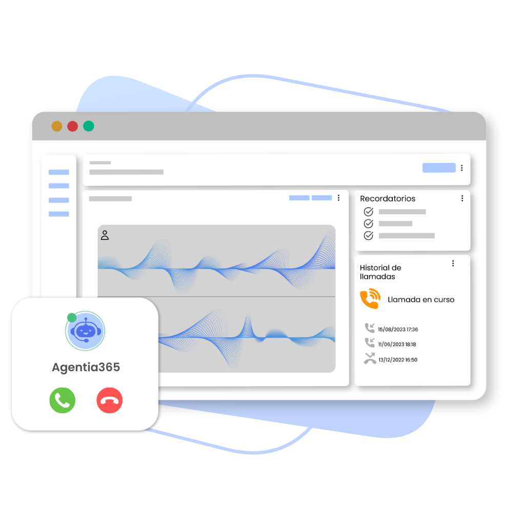 Interfaz de agente inteligente con panel de recordatorios y llamadas para gestión automatizada de cobros en Recordia