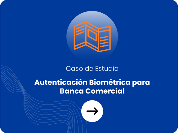 Tarjeta promocional de caso de estudio sobre autenticación biométrica para banca minorista con botón de flecha para más detalles
